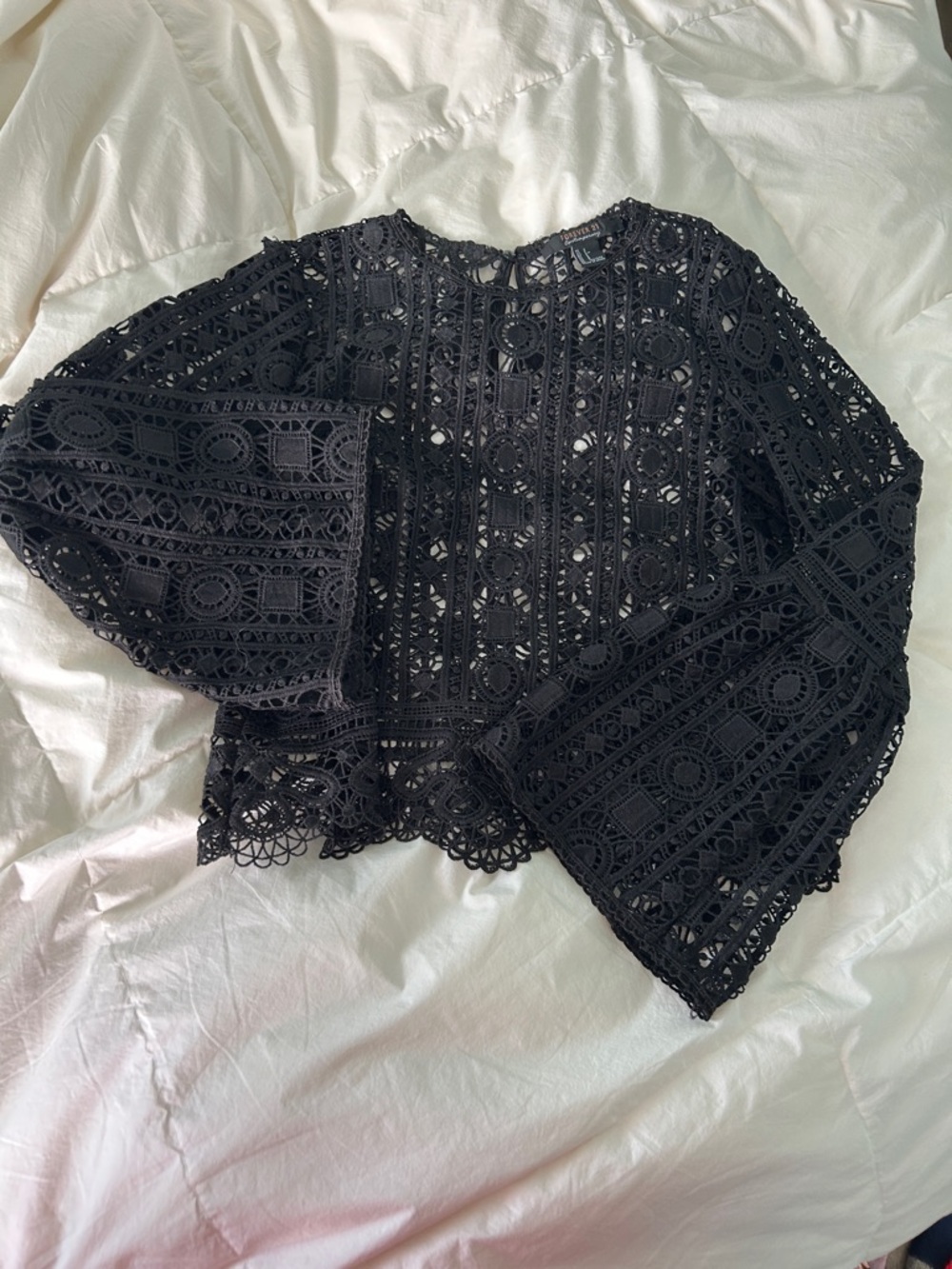Forever 21 Black Crochet Lace Bell Sleeve Blouse